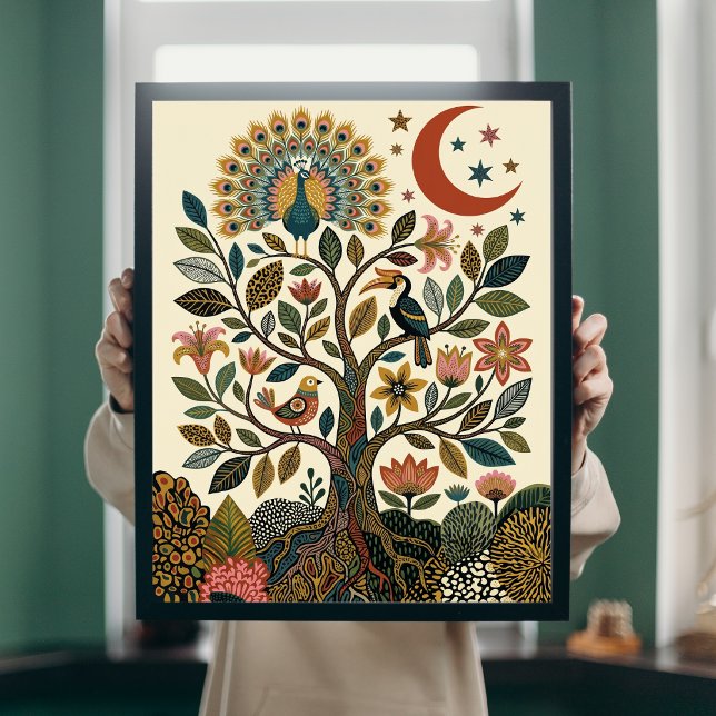 Poster Árvore da Vida Arte Folclórica Boho Pavão Poste Ce (Criador carregado)