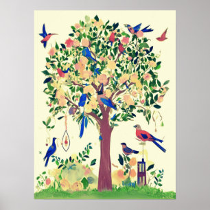 Poster Árvore da Vida com Aves e Flores
