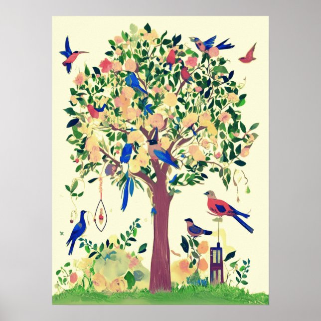 Poster Árvore da Vida com Aves e Flores (Frente)
