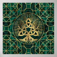 Árvore da vida com Triquetra Malachite e Dourado