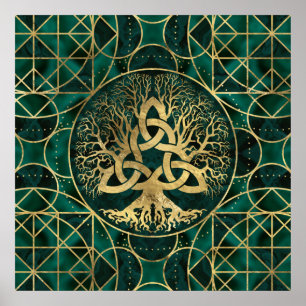 Poster Árvore da vida com Triquetra Malachite e Dourado