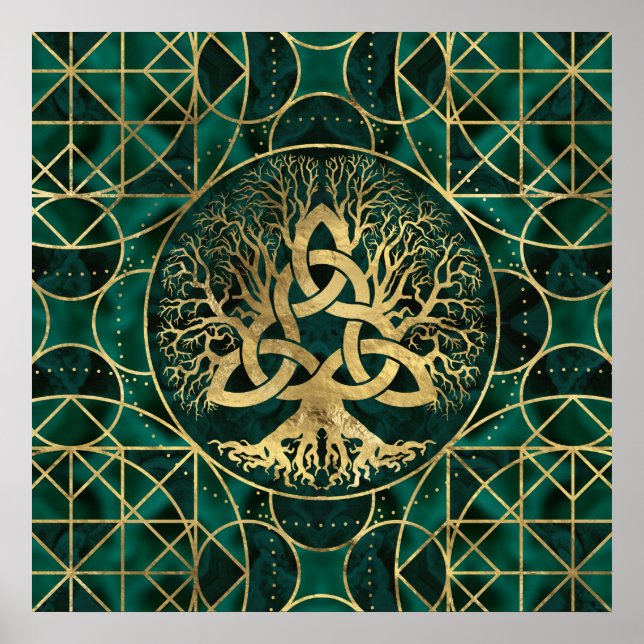 Poster Árvore da vida com Triquetra Malachite e Dourado (Frente)