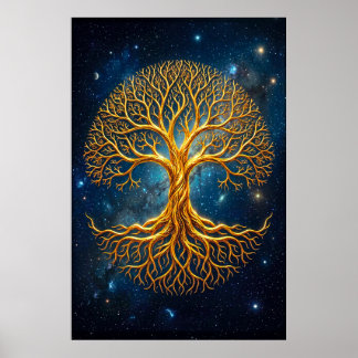 Poster Árvore Da Vida Cósmica Azul Etérea Mística Brilhan
