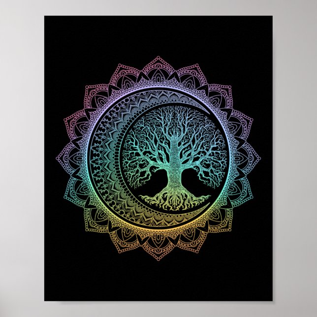 Poster Árvore Da Vida Fases Da Lua Crescente Mandala Flor (Frente)