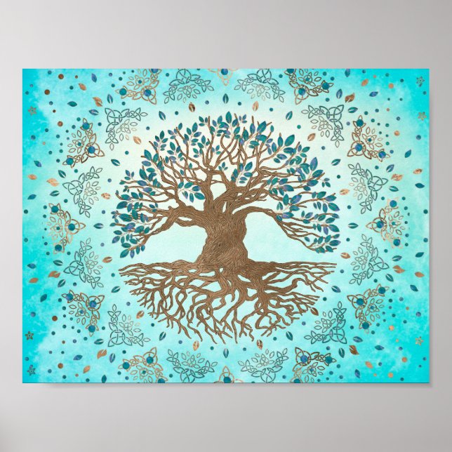 Poster Árvore da vida - Yggdrasil - Azul-doce (Frente)