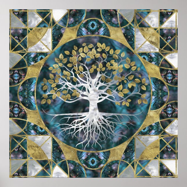 Poster Árvore da vida - Yggdrasil - Marble e Dourado (Frente)