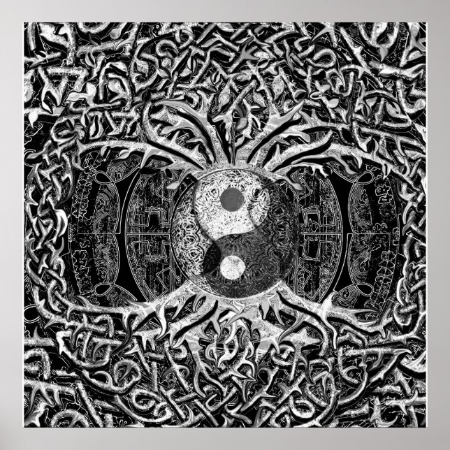 Póster Árvore da vida Yin Yang em preto e branco (Frente)