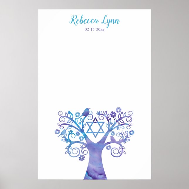 Poster Árvore de Aquarela de Teal Roxo Bat Mitzvah (Frente)