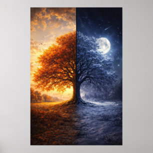 Poster Árvore de Carvalho Dia Noite Inverno Outono Arte M