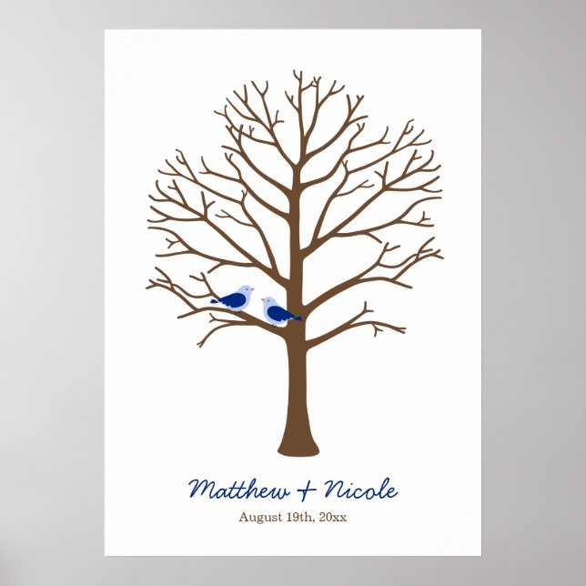 Poster Árvore de Casamento com Pegada Digital de Pássaros (Frente)