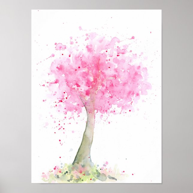 Poster Árvore de cereja rosa com Abstrato de aquarela (Frente)