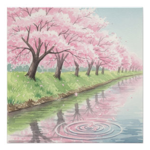 Póster Árvore de Cerejeira em Aquarela Rosa Pastel Cênica