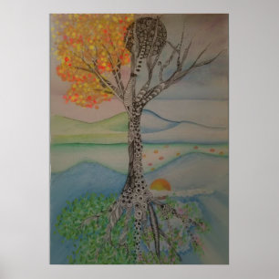 Poster Árvore de design de linha de quatro estações