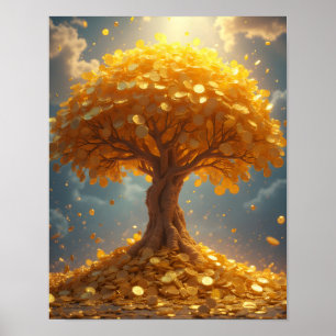 Poster árvore de dinheiro dourado moedas de ouro
