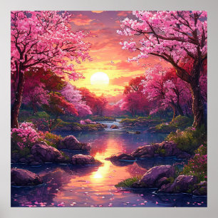 Poster 🌸 Árvore de Flor de Cerejeira Rosa Sonhadora Lago