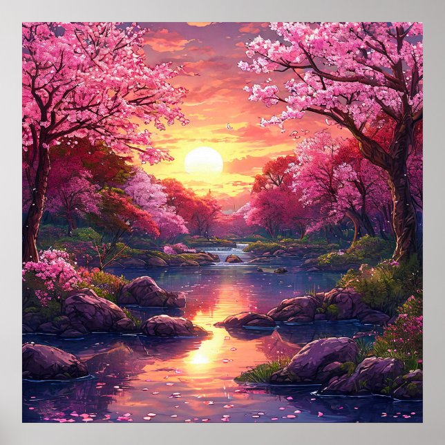 Poster 🌸 Árvore de Flor de Cerejeira Rosa Sonhadora Lago (Frente)