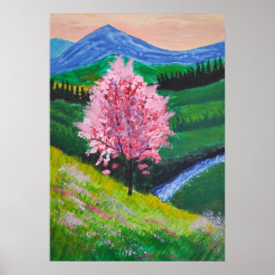Poster Árvore de Flor Rosa no campo verde