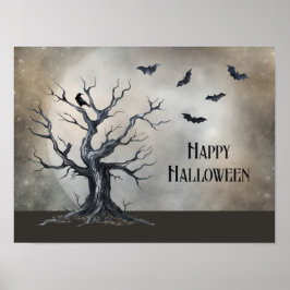 Poster Árvore de Halloween Spooky com Raven e Bats
