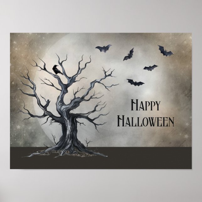 Poster Árvore de Halloween Spooky com Raven e Bats (Frente)
