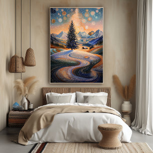 Poster Árvore de Inverno Estrelada em Estilo Pontilhista