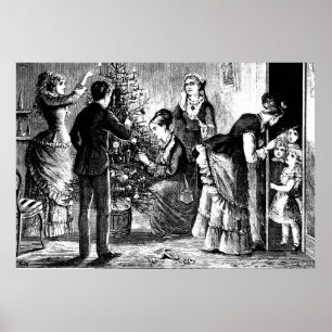 Póster Árvore de natais vintages e esboço da família