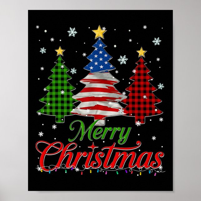 Poster Árvore de Natal Alegre Xadrez Bandeira dos EUA Flo (Frente)