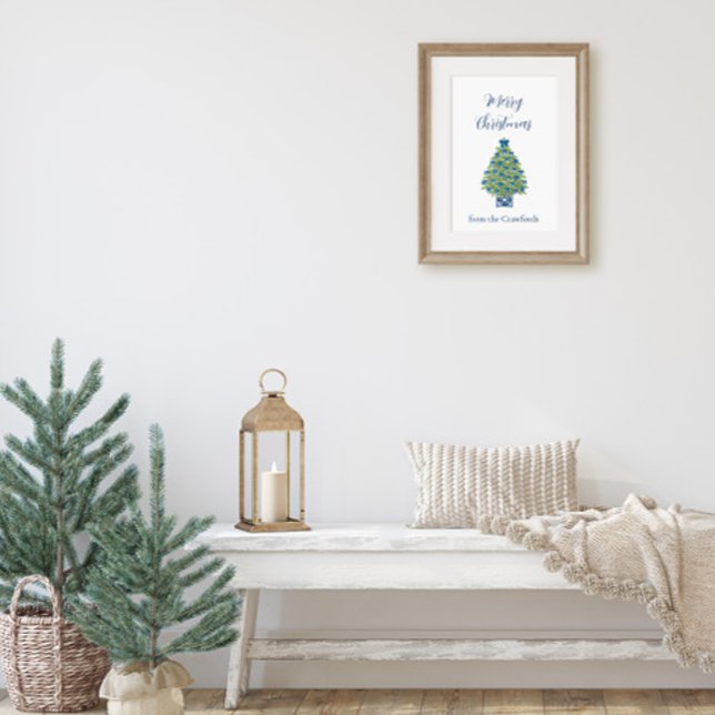 Poster Árvore de Natal Azul e Branco em Estilo Chinês (Chinoiserie Christmas Tree Poster)