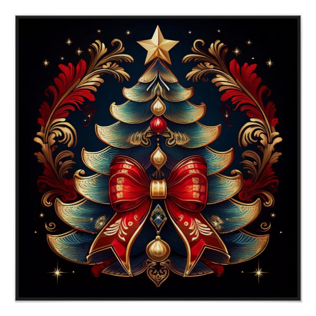 Póster Árvore de Natal com Laço e Estrela Dourada (Frente)