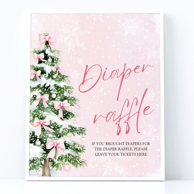 Poster Árvore de Natal com Laço Rosa - Babyshower - Rifão (Pink Bow Christmas Tree Baby Shower Diaper Raffle Sign)