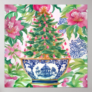 Poster Árvore de Natal da Watercolor Chinoiserie