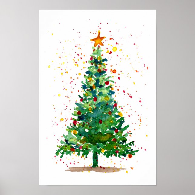 Poster Árvore de Natal de Aquarela Verde (Frente)