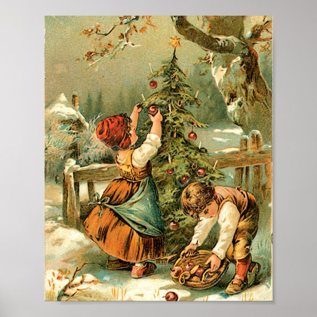 Poster Árvore de Natal de Decoração de Meninos e Rapariga (Frente)