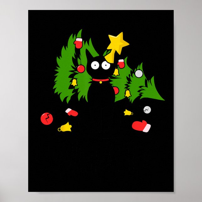 Poster Árvore de Natal de Gato Negro Engraçado Merry Xmas (Frente)