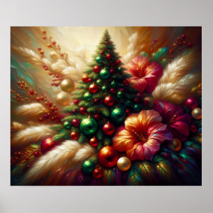 Poster Árvore de Natal e Flores em uma Parede Bonita