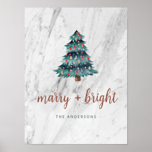 Poster Árvore de Natal e Script de Mármore Brilhante e fe