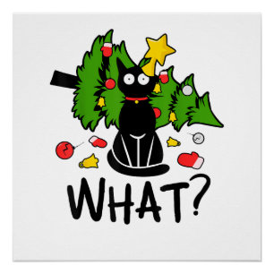 Póster Árvore de Natal engraçada gato preto Natal alegre