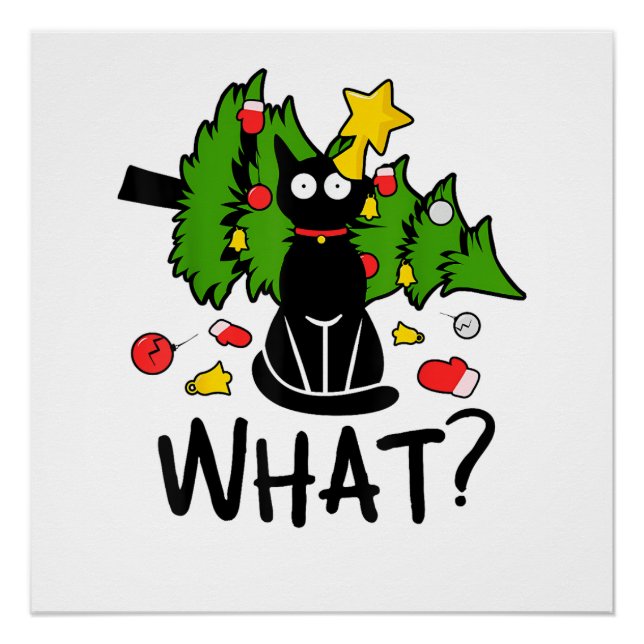 Póster Árvore de Natal engraçada gato preto Natal alegre  (Frente)