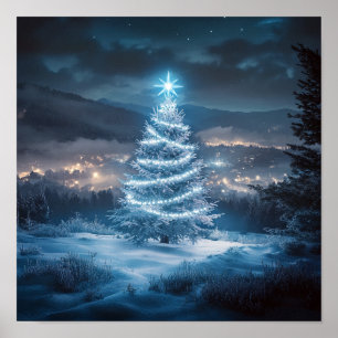 Poster Árvore de Natal Noturna Brilhante Azul no Inverno