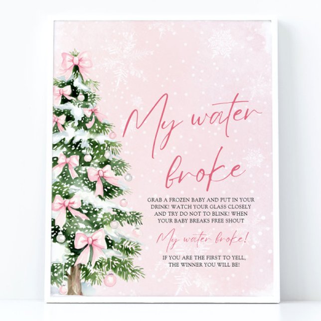 Poster Árvore de Natal Rosa Arco Minha Chá de fraldas Que (Pink Bow Christmas Tree My Water Broke Baby Shower Game Sign)