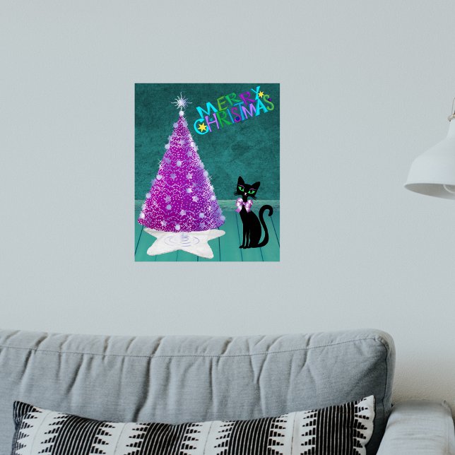 Poster Árvore de Natal Rosa Brilhante Prata Gato Preto Fe (Sparkle pink silver tree black cat with bow in Teal room on Merry Christmas poster.)