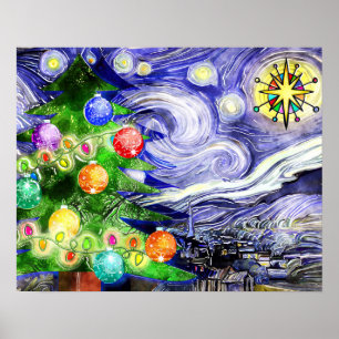 Poster Árvore de Natal Starry Night Watercolor