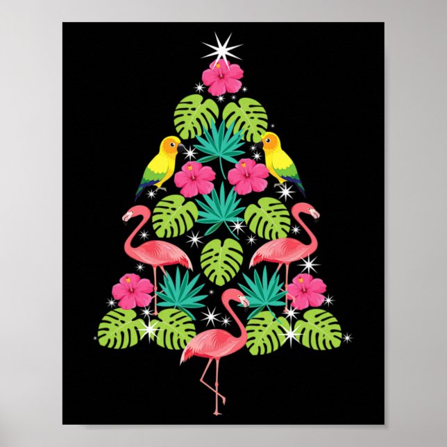 Poster Árvore de Natal Tropical Havaiana Flamingo Sil (Frente)