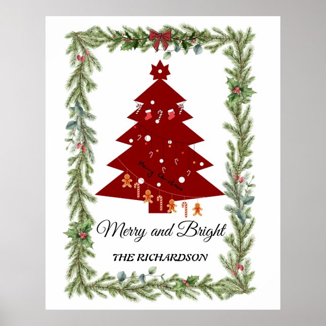 Poster Árvore de Natal Vermelha Moderna e Script Merry &  (Frente)