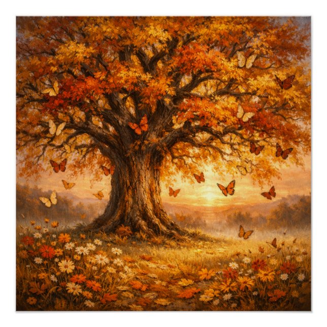 Póster Árvore de Outono com Borboletas ao Nascer do Sol (Frente)