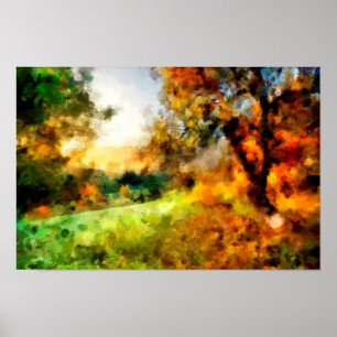 Poster Árvore de outono em colina na pintura paisagísti