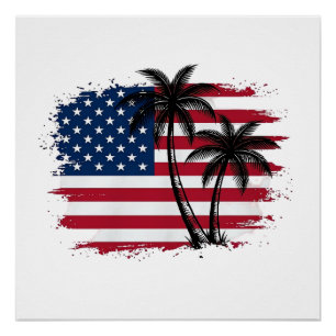 Póster Árvore de Palmeira Bandeira Americana Arte Vetoria