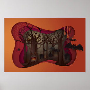 Poster Árvore de Papelaria de Halloween em Graveyard