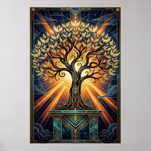 Poster Árvore de Pena Angelical Art Déco Dourada e Meia-N