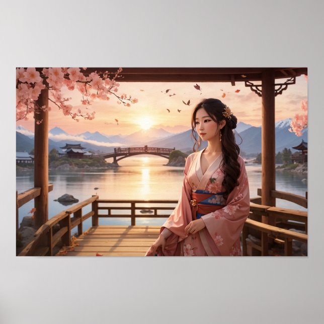 Poster Árvore de Sakura Sunset com Linda Mulher Asiática (Frente)