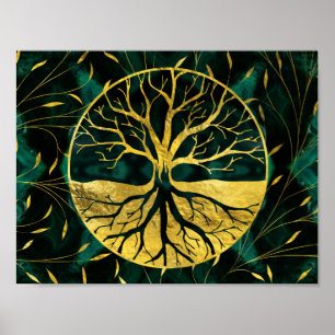 Póster Árvore de vida dourada Yggdrasil na malaquite